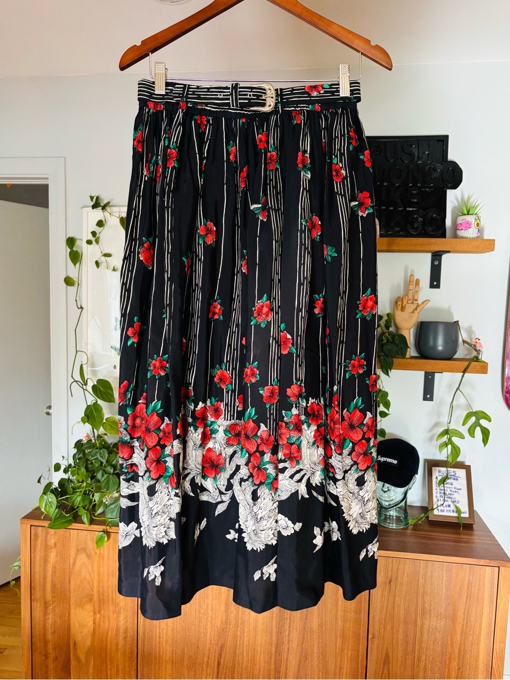 Vintage Principles Floral Midi Skirt with Matching Belt – Made in Canada